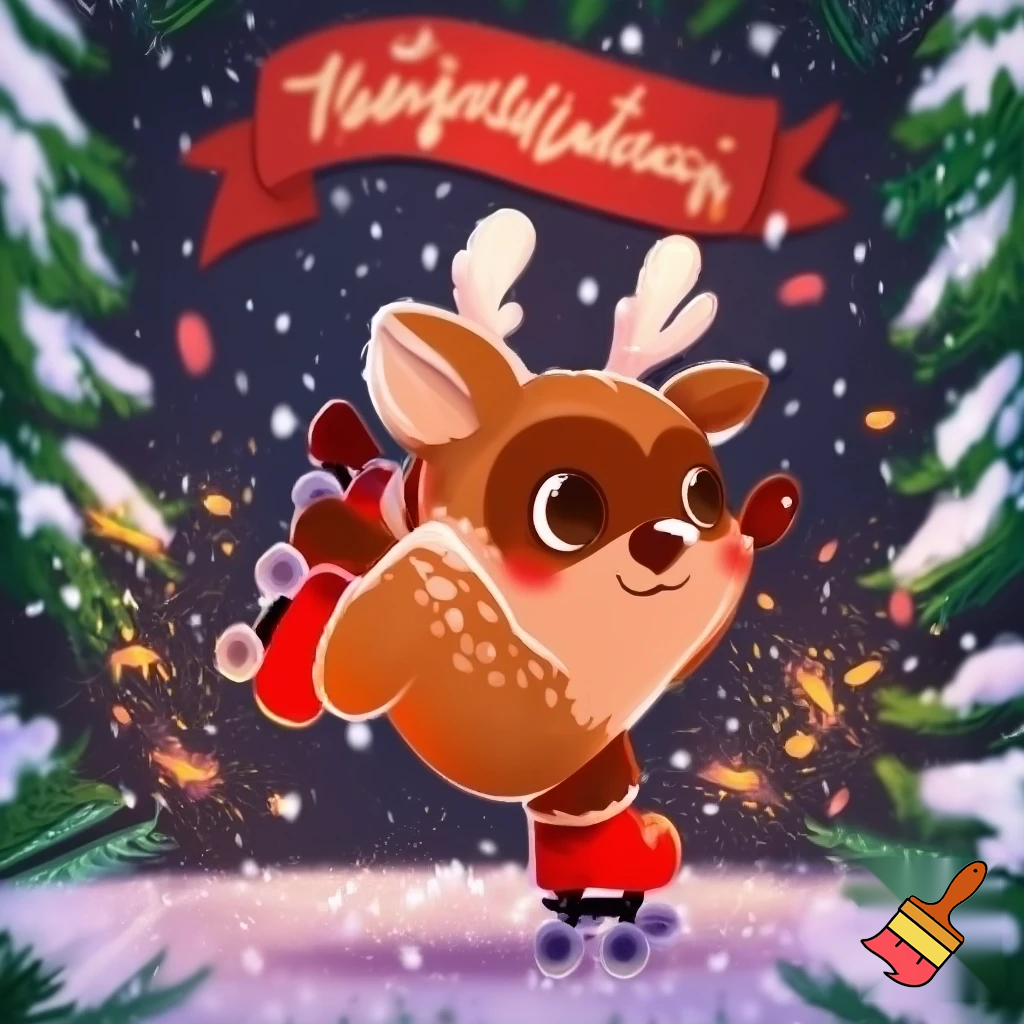 Cc.  crea ’illustrazione in stile disegno/cartoon, pensata per bambini, con: una renna simpatica che indossa pattini a rotelle atmosfera natalizia (neve, lucine, colori caldi) stile dolce, allegro e giocoso scritta ben leggibile “Buon Natale!