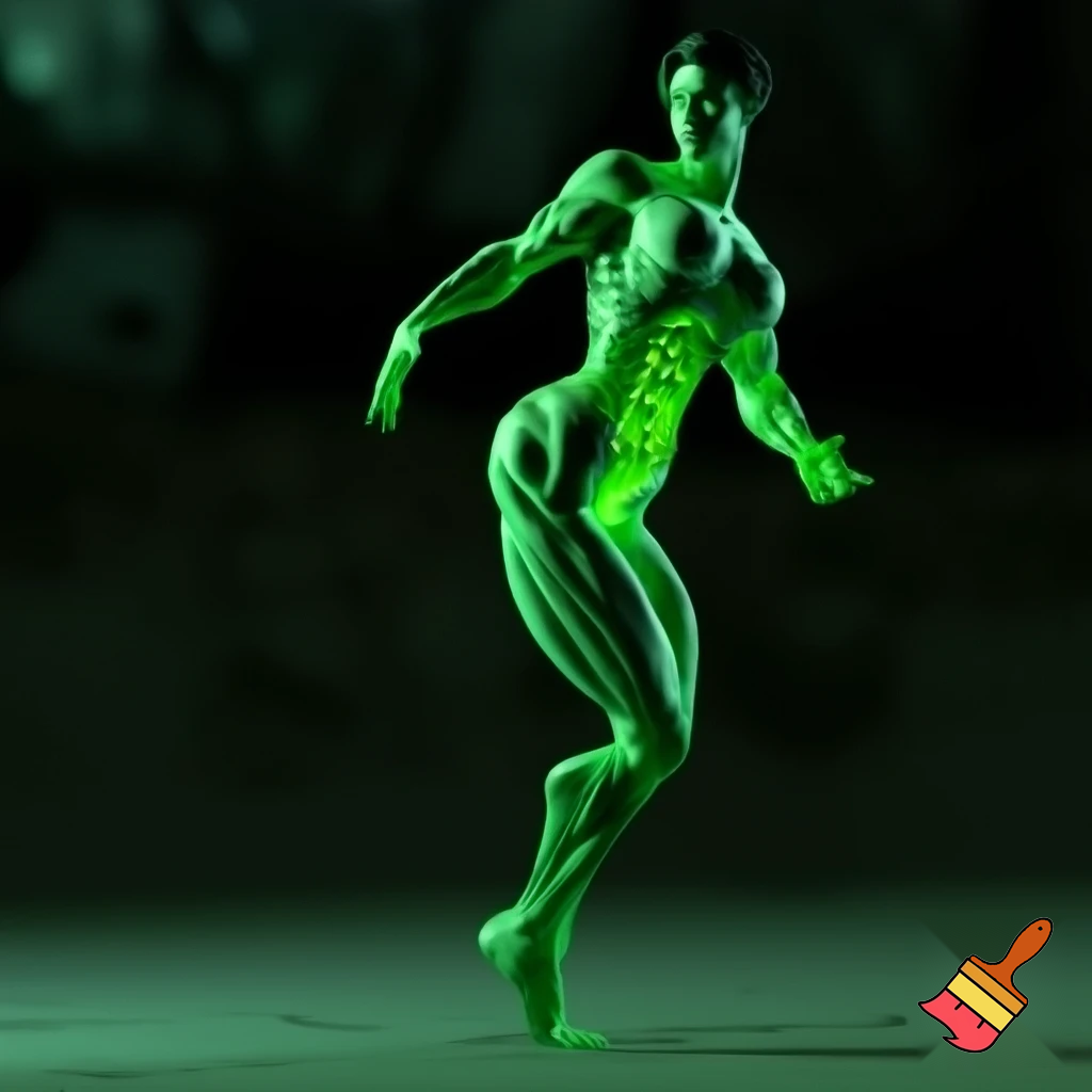 A glowing, green-hued skeletal muscular woman, reminiscent of She-Hulk's powerful physique with broad hips and defined bone structure, dances sensuous