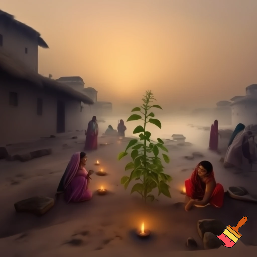 Early morning Indian village near Ganga river, small mud houses, tulsi plant in courtyard, women sweeping and lighting diya, soft sunrise light, peaceful spiritual aura, realism, cinematic tone.