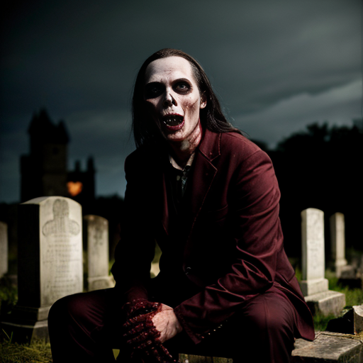 a vampire face with full crimson blood in his mouth. he is sitting in a grave with other zombies around and behind him is a big ancient castle