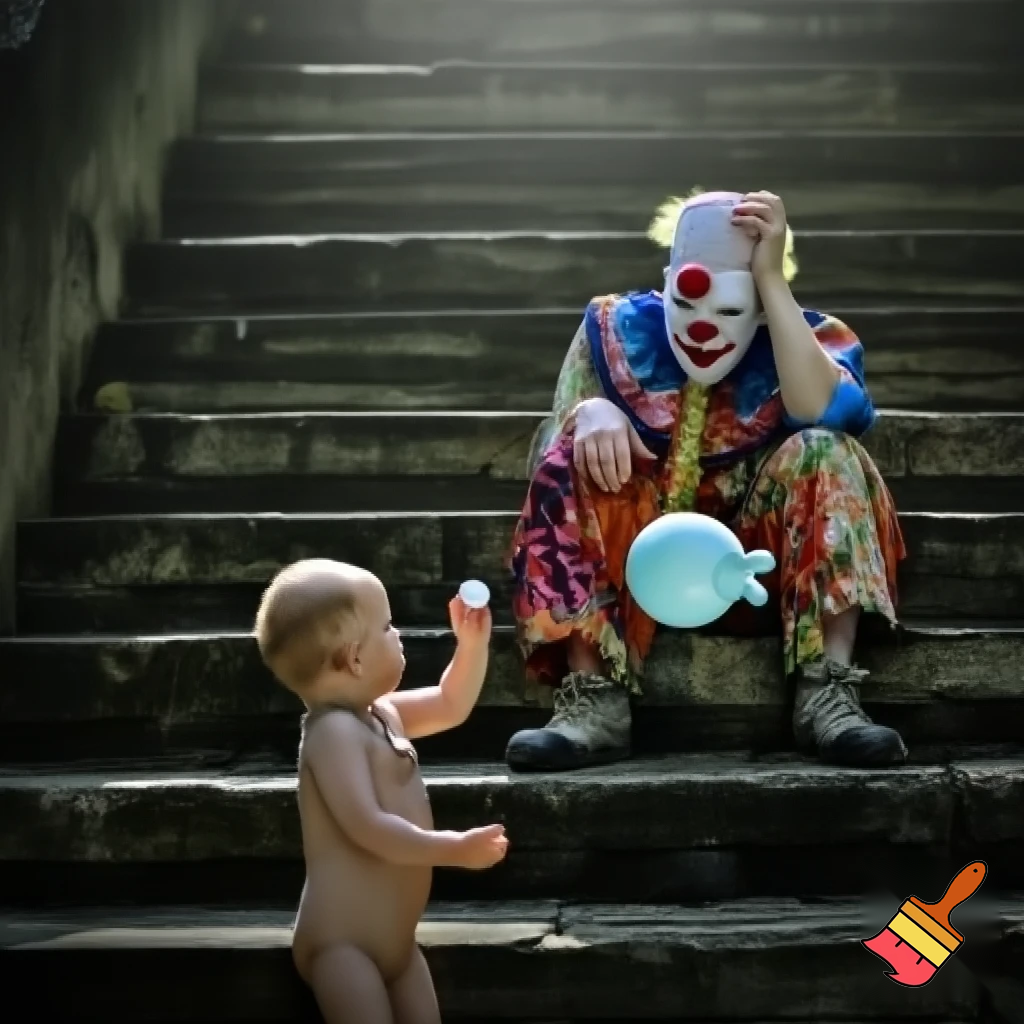A heartbroken clown sits on an old stone staircase, holding his face with one hand. He wears a vividly decorated, brightly colored costume, full of patterns, with slight wrinkles from wear. In front of him, a young child looks at him, gently offering a ball with one hand while holding a rabbit-shaped balloon in the other hand, near the clown’s. The scene is bathed in soft natural light, creating a calm and melancholic atmosphere, with cinematic depth, detailed textures, and a tender emotional connection between the clown and the child. The image is ultra-realistic, 4k, with full cinematic style
