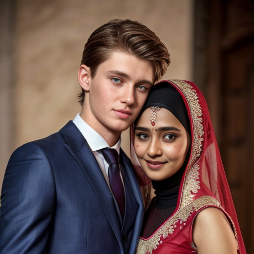 A russian handsome boy with pale skin blonde hair and blue eyes, wearing a suit,tall 188 cm staning with a Bangladeshi girl with warm skin dark eyes, wearing a red wedding full cover lehenga with hijab, 168 cm tall,  wefding scene