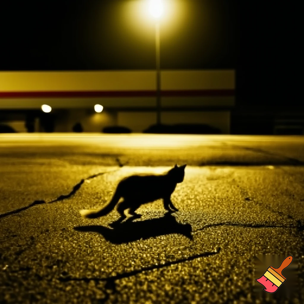 Photorealistic, handheld shot, in the style of a cellphone camera with a flash, an empty shopping mall parking lot at night,  streetlights in the background, a stray cat passing by in the foreground, chromatic aberration, tilt-shift effect