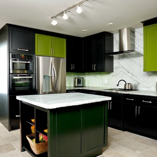Create me a kitchen with a white marble surface and green kitchen cabinets
