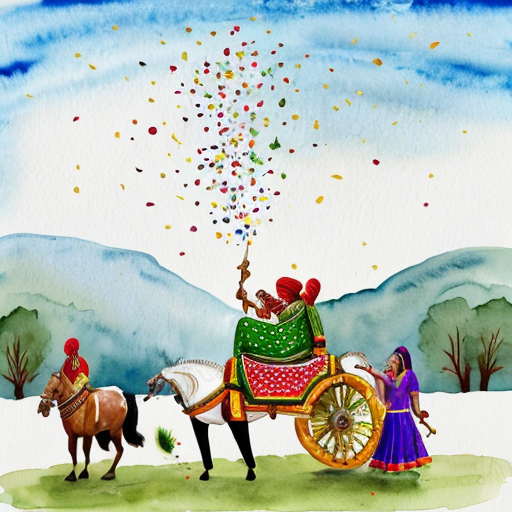 A grand Indian wedding procession called 'Aloo ki Barat' in a vibrant Disney Pixar animated style. A handsome groom potato (Aloo) wearing a golden sherwani and a turban with a feather, sitting proudly on a decorated white horse. A brass band of other potatoes playing trumpets and drums. Dancing potatoes and smiling onions and tomatoes in colorful Indian attire. Confetti falling from bright houses. Intricate details, warm lighting, ultra-wide shot, 8k resolution, cinematic lighting.