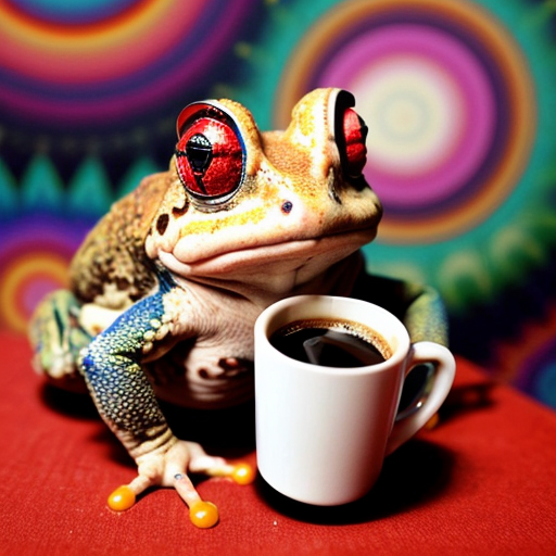 A hillarious, funny boho toad with some hippie colored coffee cups. Psychedelic decorated background.