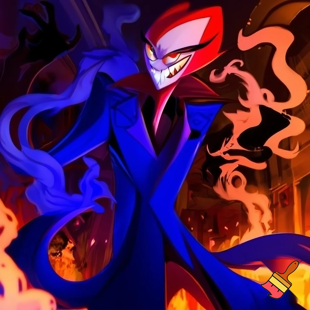 Percival de rolo in the art style of hazbin hotel wearing his signature blue overcoat and smoke curling around him
