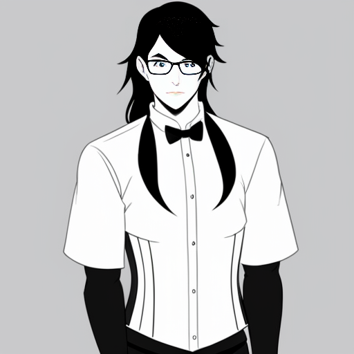 make a rough sketch of a feminine man (in a manga art style), who has a tall and slender body type, white, long wavy hair, a corset over a short sleeve button up; make it formal yet pretty, he has one red eye which has a scar, and he's holding a chainsaw. he also has thin oval-shaped glasses low on his nose, and a red ribbon tied around his neck. He's also wearing fingerless gloves.