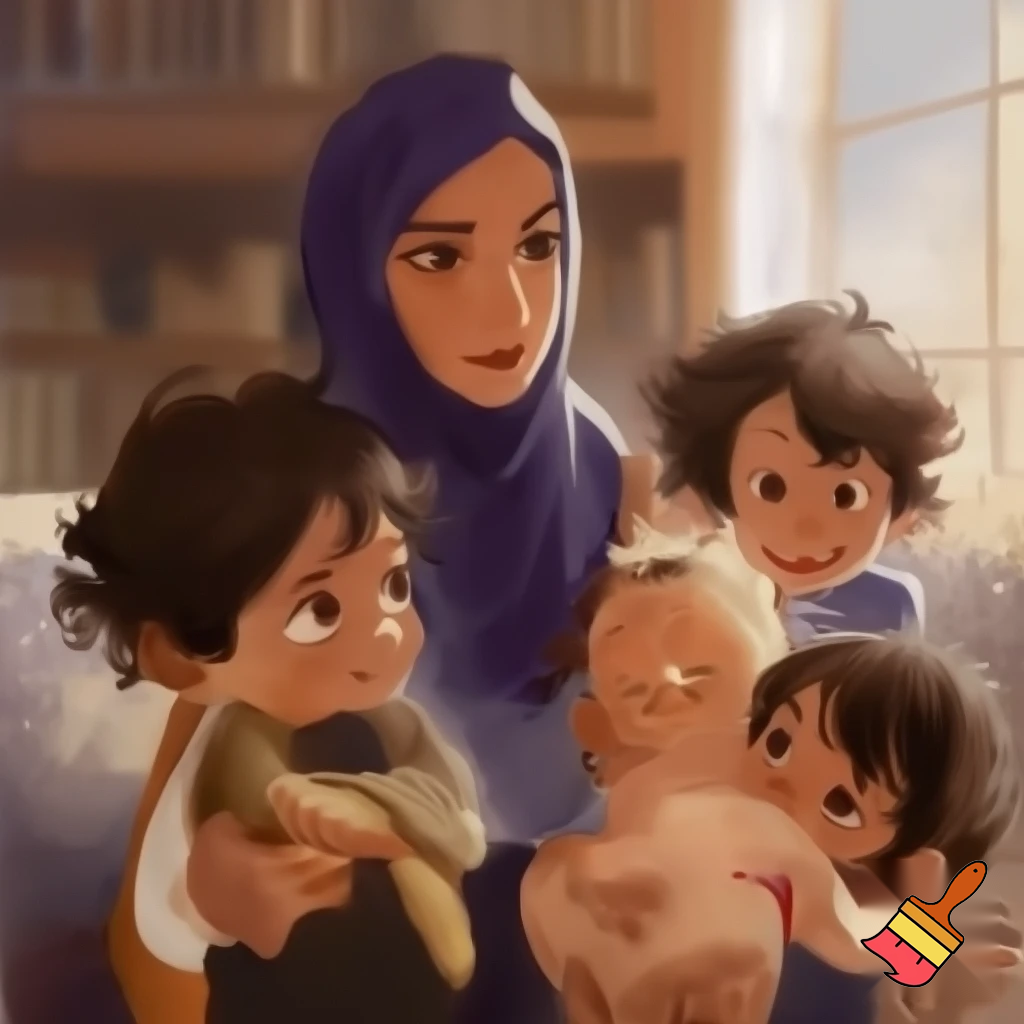 Je veux une famille normale avec une maman fine et voilée avec 3 garçons d'environ 10 ans une petite fille de 8 ans une fille de 4 ans et un bébé ils ont tous les cheveux noirs bruns et je veux pas de salon arabe juste la maman est voilee 