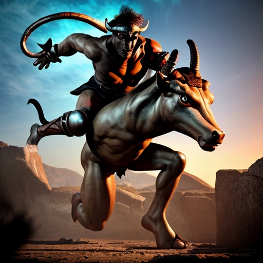 Minotaur fighting men in armor
