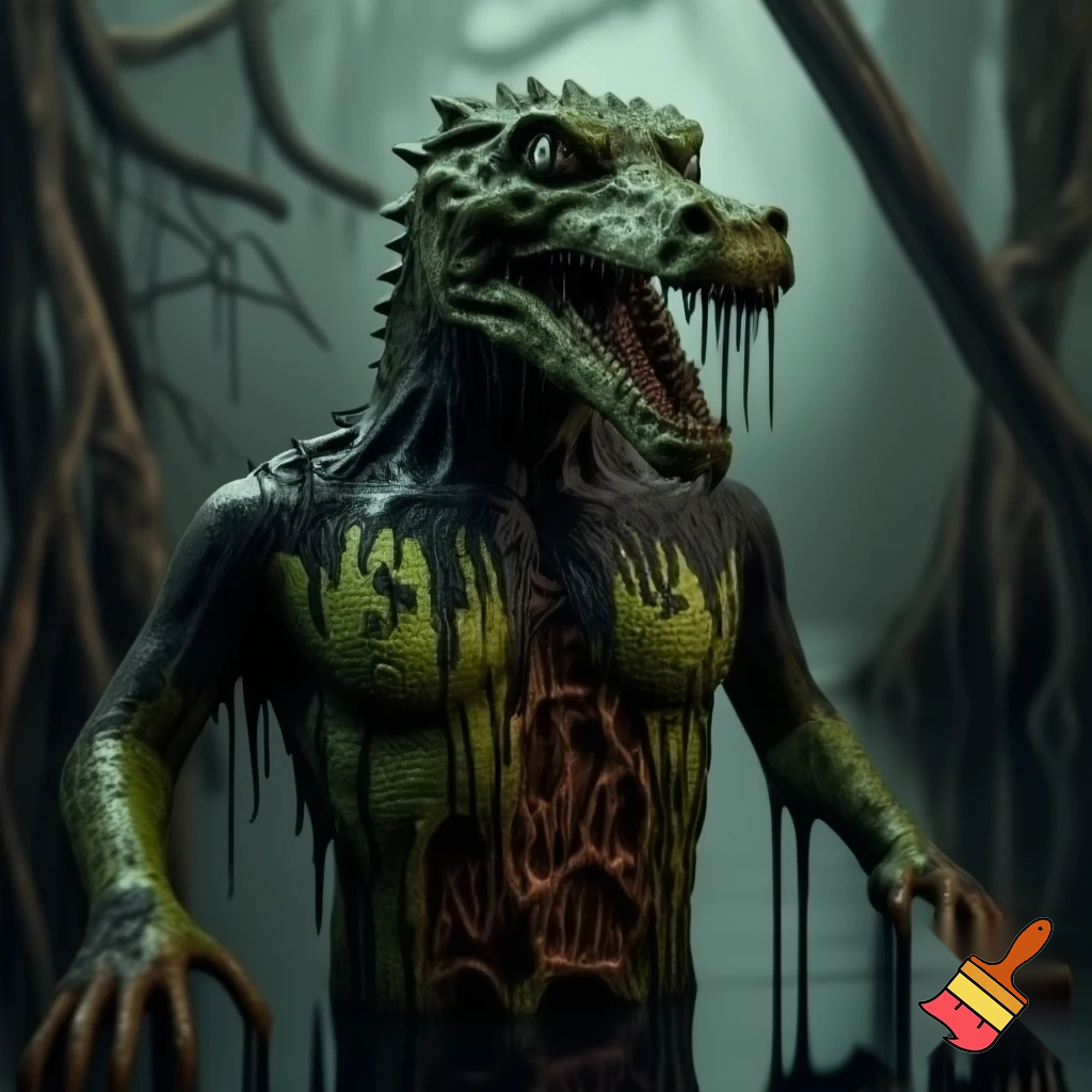 A grotesque, rotting, anthromorphic crocodile creature standing upright, its body covered in black goo, melting, and dripping like sludge, exposing its bones. The skin is swampy green, black, and sickly brown, with patches of rot and ooze and entirely made out of gunk. Eyes bulging in horror, jaw hanging loosely, teeth crooked and partially dissolved and has a deformed smile. The creature’s limbs stretch out as goo drips from its claws exposing its skeletal fingers. It's appearance, also zombie-like and deformed. Surround it with an eerie, fog-filled swamp: twisted dead trees, murky water, dim green-gray light, and a haunting atmosphere. Highly detailed, creepy, and surreal. 