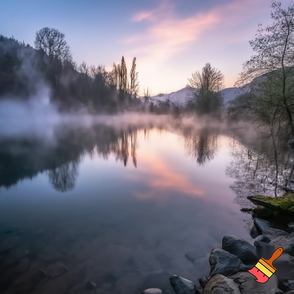 Bild eines stillen Sees oder Bergquellwassers im ersten Morgen Licht Ende März in Baden Baden
