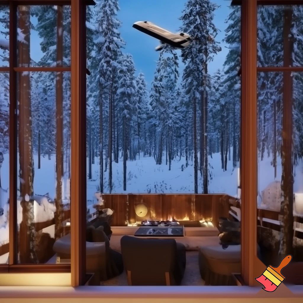 Generate a picture of a cozy fancy Steakhouse, in a neighbourhood forest in the winter with a nice and cozy interior shown by the wooden framed windows with private jets flying over the restaurant
