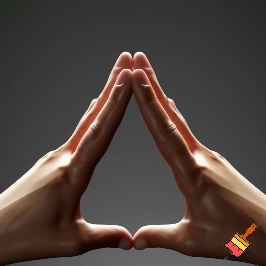 two hands in a fist, the pointer finger and thumb are out, the hands are aside eachother making a triangle shape like a warning symbol.
