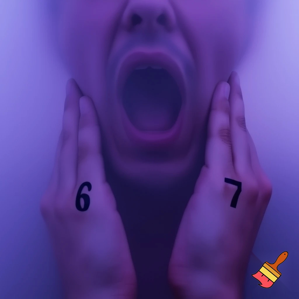 The number  6 7 on a person's hands while the person's mouth hangs open in a weird unlocked position. Make it to where we can see the persons full face, and put a purple haze around everything.