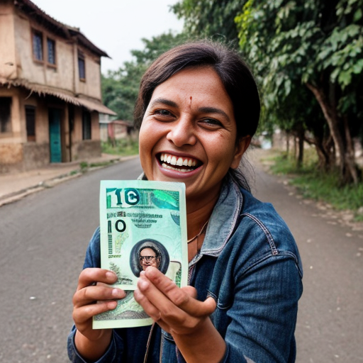 Huge green Hulku smiling happily after finding a 10 rupee note on the road in a village, joyful expression, dramatic cinematic lighting, dusty village road, realistic 3D animation style, Instagram reel format 9:16