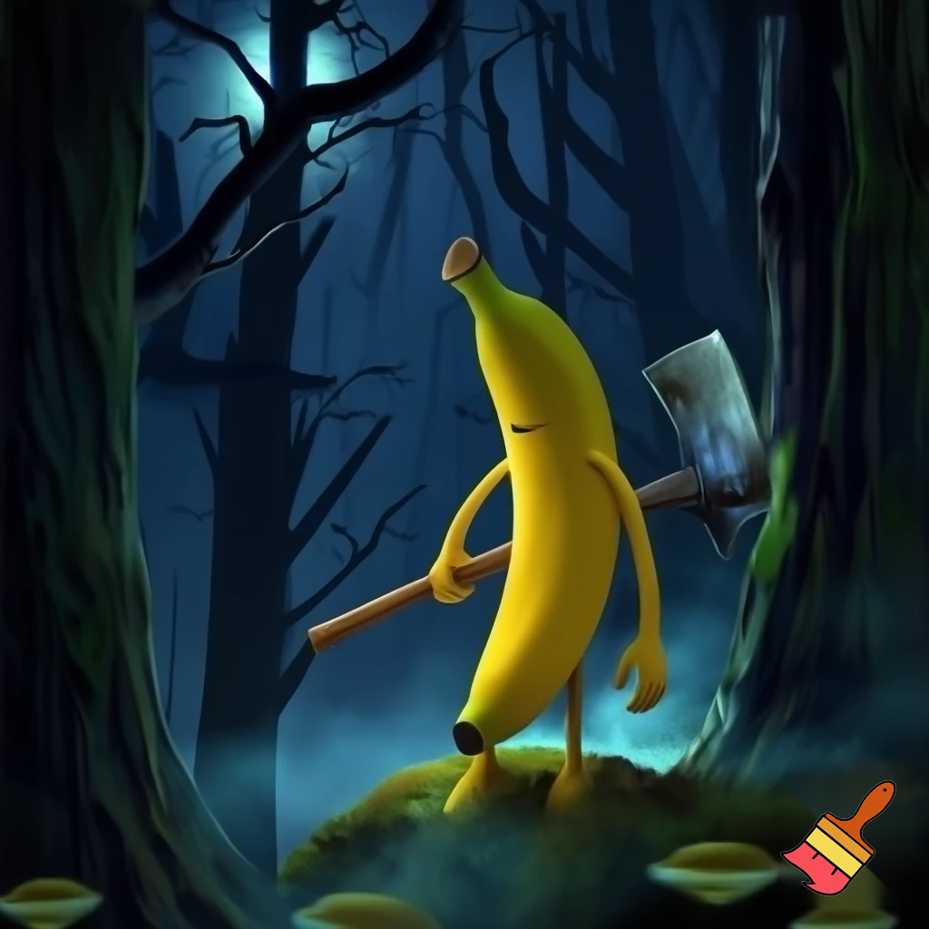 Banana man holding a axe in the woods it night