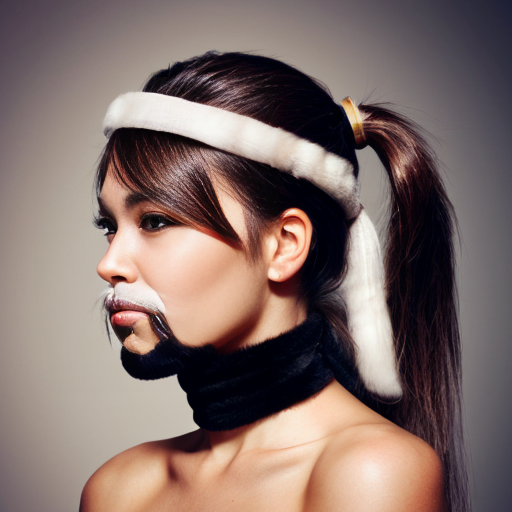 CREATE ME AN IMAGE OF A BEAUTIFUL WOMAN WITH HAIR IN A PONYTAIL AND A SLIGHT FUR ON THE UPPER LIP ON THEIR FACE