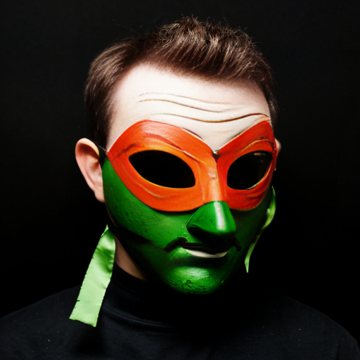 black background half of a broken green-orange comedy mask, green and orange ribbons behind that mask and a number 3 beside it