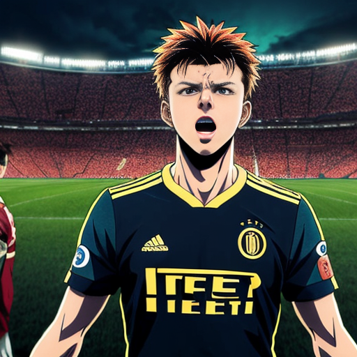 Anime-style illustration of Nicolò Barella in the foreground, front and center, performing his iconic goal celebration with intense expression, dynamic action pose, highly detailed blue and black Inter Milan jersey, clearly recognizable but drawn in anime style. Behind him slightly are Lautaro Martínez and Francesco Pio Esposito doing their classic celebrations, also recognizable in anime style. In the background the rest of the Inter players are scattered across the scene, large Inter Milan logo filling the backdrop, stadium atmosphere, dramatic lighting, high detail, vibrant colors