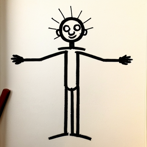 Stick man with lines for arms, legs, and torso, a circle head with a basic smile. Only a circle, no skin.