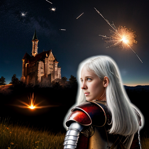 young white-haired woman in armor watches as meteorites fall on her castle