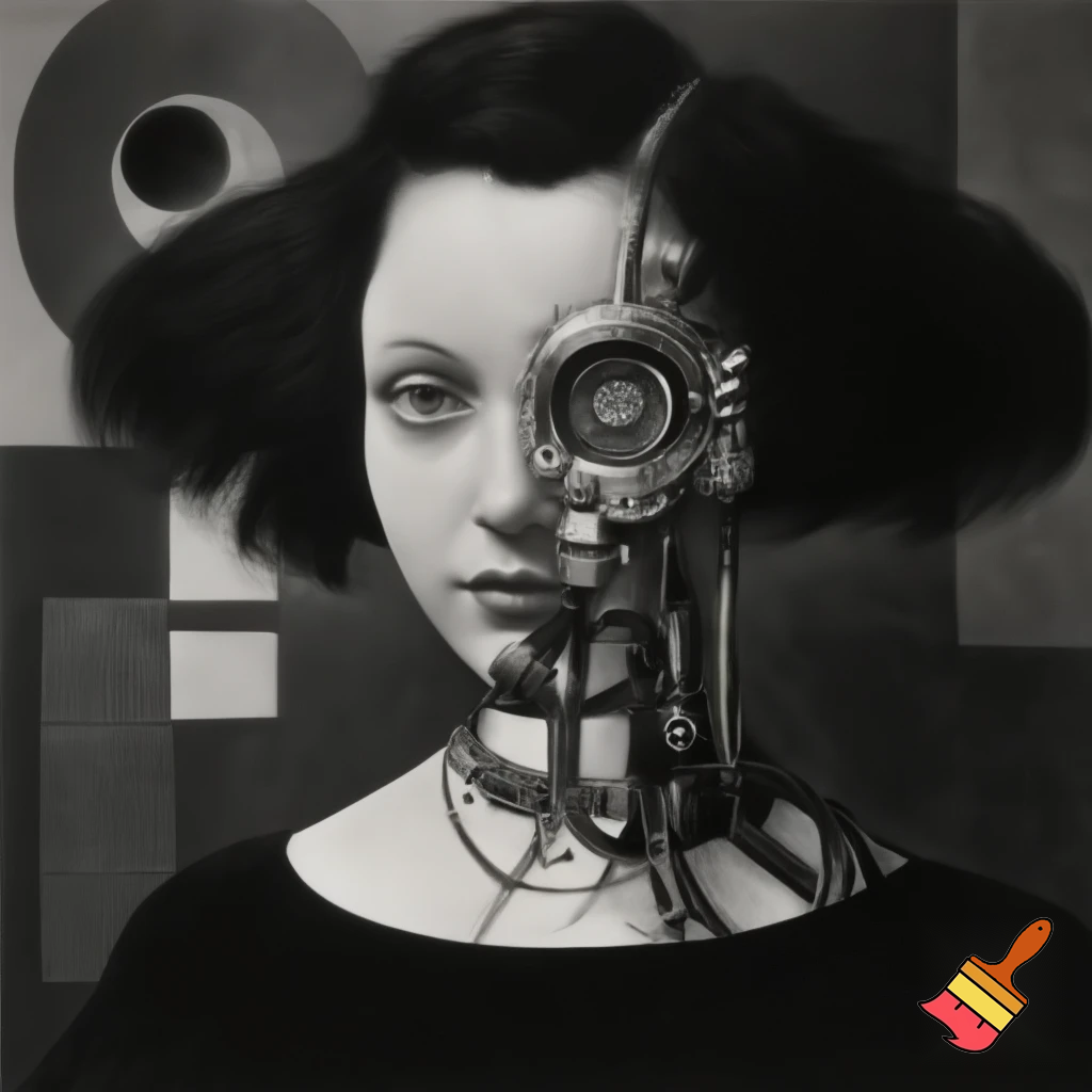 Bio-mechanical girl portrait, noise art. In the style of a 1920's German Expressionism. Black & white.