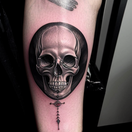Line art tattoo style of a skull headed knife piercing both a pomegranate and the palm of a hand