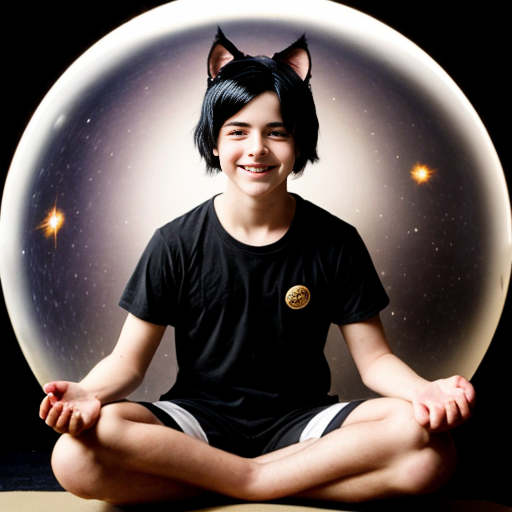 Мальчик подросток сидит в позе лотоса, с черными волосами, большими черными кошачьими ушами и хвостом, руки распододил на уровне груди ладони параллельно друг другу, а между руками магическая сфера сверкающая как космос. Один глаз у мальчика котенка янтарный, а второй голубой. На лице улыбка восторга как у ребенка что увидел конфету.