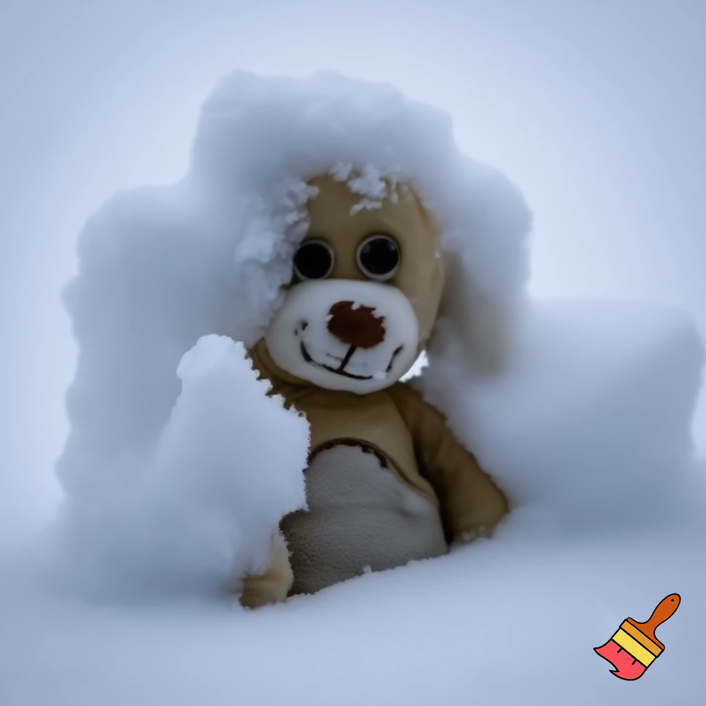  a dog stuffed animal with the stuffing still inside and he’s getting buried in very, very deep snow