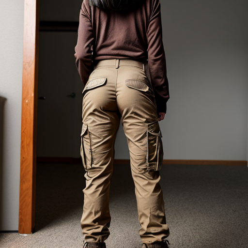 a anime girl with beige cargo pants turned around



