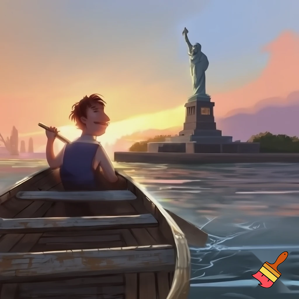a man in a boat looking at the statue of liberty and smiling
