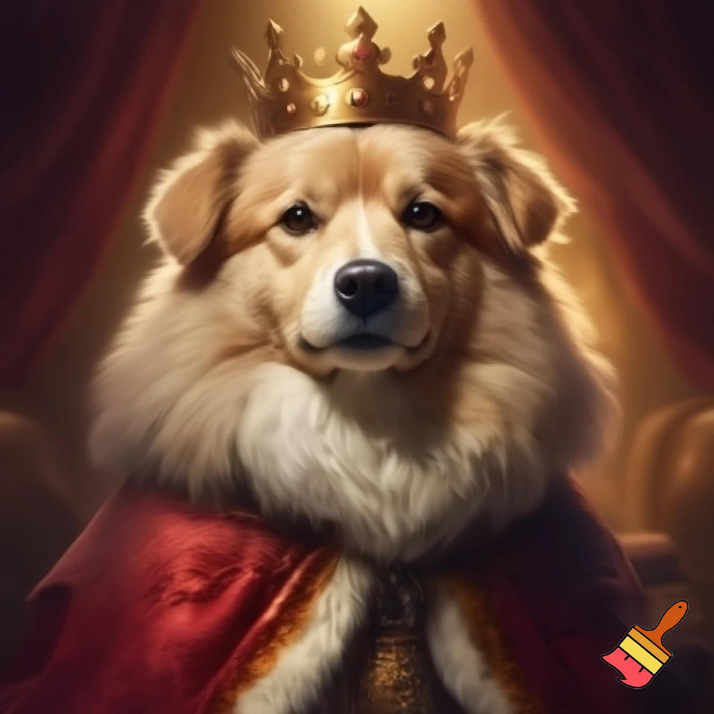  genarate a fluffy dog with a crown and kings robe