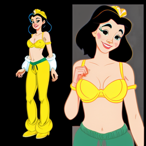 90's disney's 2d aladdin style comic black background and of tiana with dark green harem pants and bra and curved slippers conjoined by the belly of snow white with yellow harem pants and yellow bra and yellow curved slippers both gives a smile and winking their left eye 