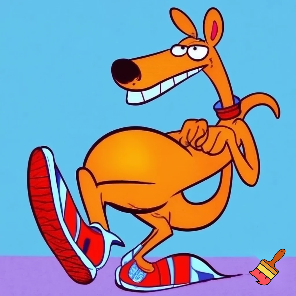 Cartoon cool red male kangaroo wearing red sneakers, standing on his tail, smiling, a dog collar, big eyes 90’s nickelodeon