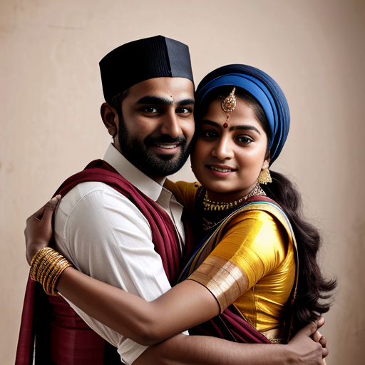 A Hindu Brahmin women in saree with slim muslim man wearing muslim cap Happy tight hug muslim black man 