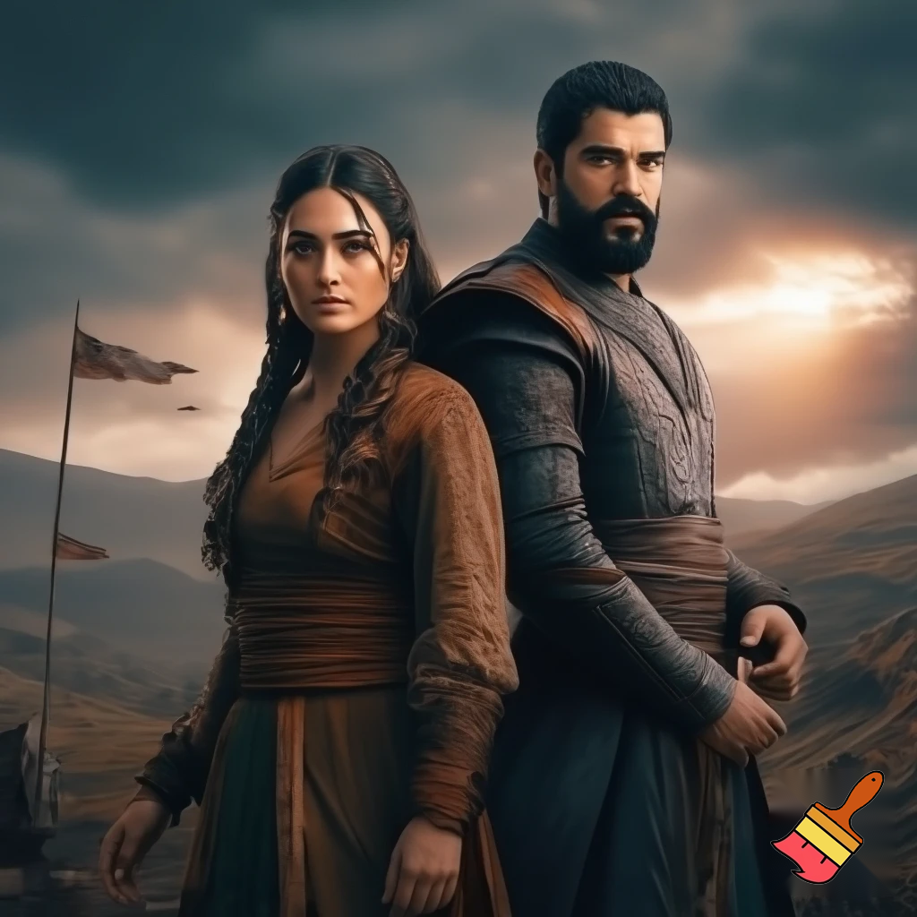esra bilgic as halime hatun and burak ozcivit as osman bey
 standing together
