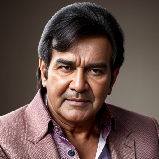 Please create a photo of a man in his 60s whose looks are similar but not identical to Rajesh Khanna (Bollywood star from the 70s) 