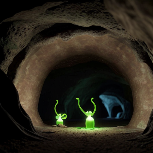 underground cavern inspired by Pikmin, organic tunnels, glowing roots on the ceiling, central water basin with a small rocky island, bioluminescent plants, soft blue and green light, natural alcoves in the walls, darker shadow zone in the back, fantasy cave map style
