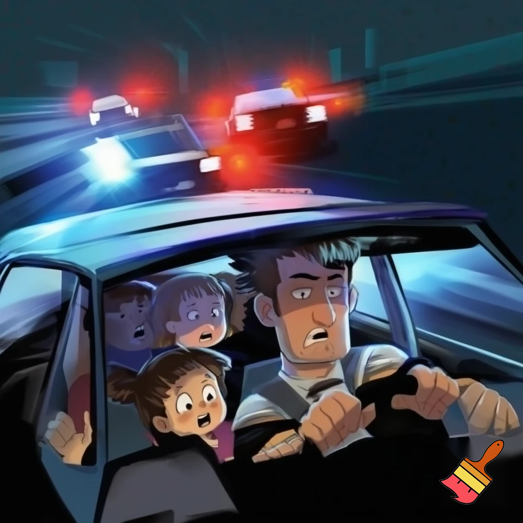 A kid named Ben with hair like a toilet brush and his family in their car getting chased by the police (Mum, Dad, Daughter age 7 and Ben age 13)