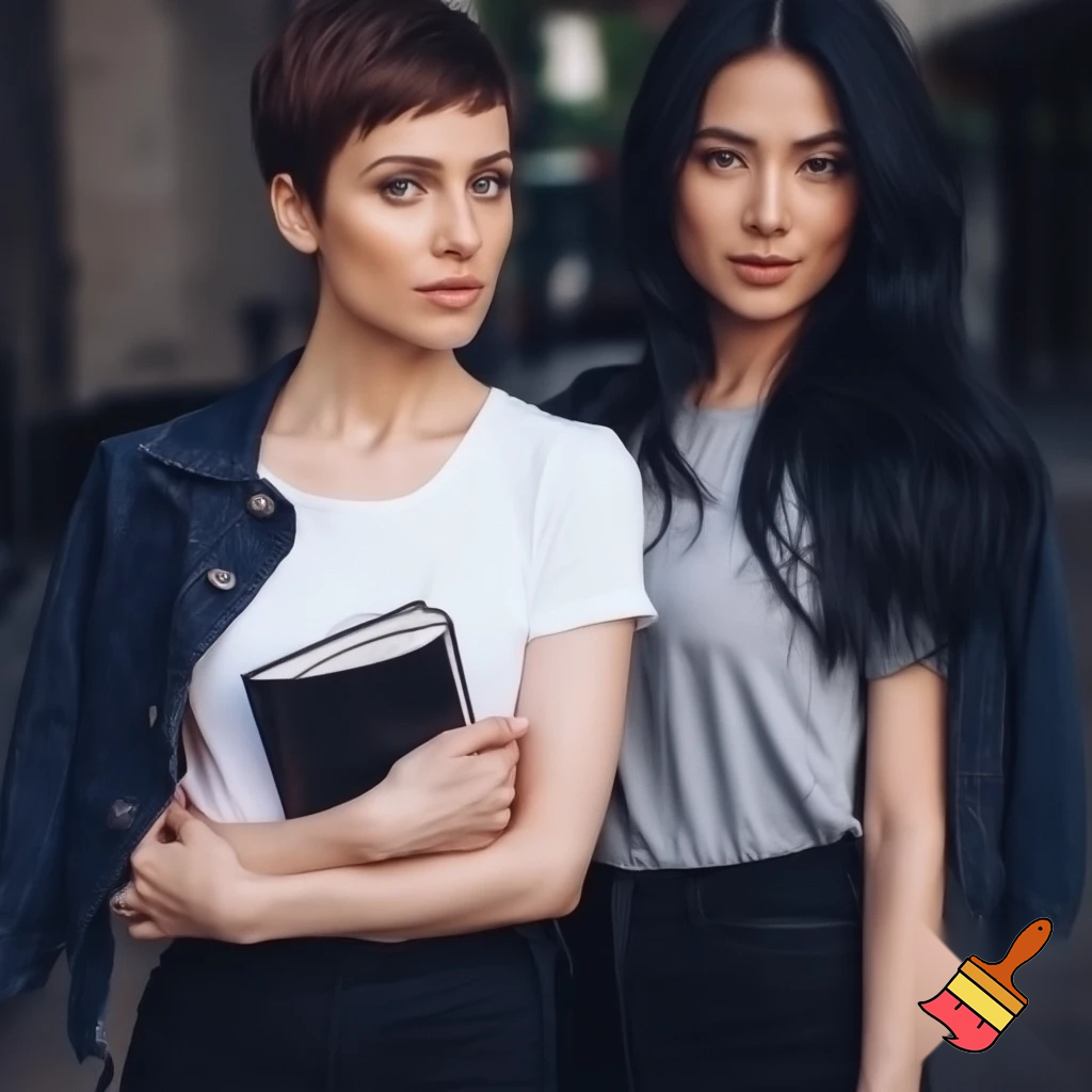 2 femme de 25ans l'une cheveux brune  mi carré l'autre long légèrement bouclé noire  avec un t-shirt blanc pro pour la premiere et un t-shirt gris pour l'autre un pantalon noir qui met en valeur leur forme et elle ont une veste en jean noir et un carnet de note dans la main version journaliste elle ont les bleu clair et sont très belle 