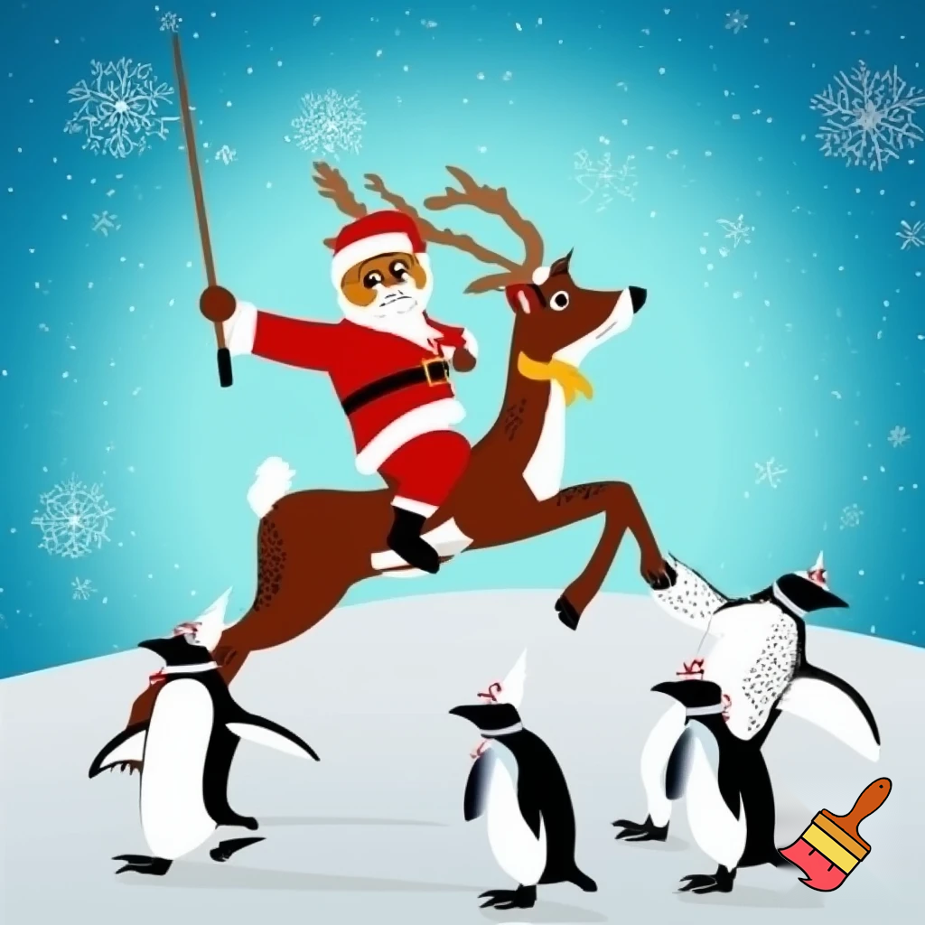 Santa clause dressed as a cat riding a reindeer in the north pole and the reindeer is chasing penguins wearing tinfoil hats
