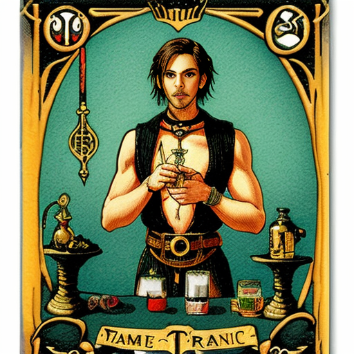 Magician fantasy art tarot number 1 snake belt dagger on table alchemist infinity symbol manifesting 