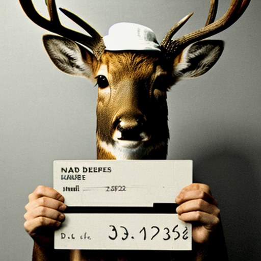 picture of a mugshot deer, scars, serious face holding a number board