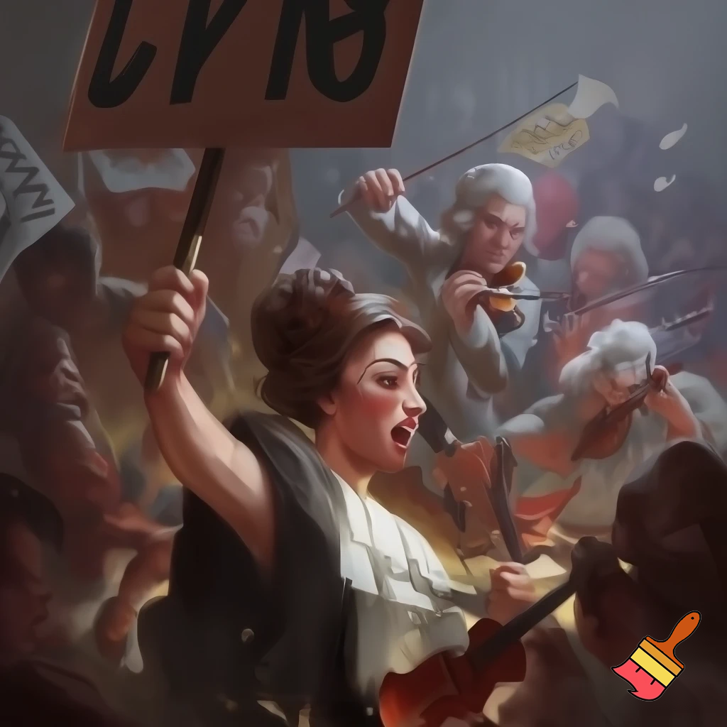 woman protesting violins with counter protesters being bach and motzart and there is people with signs fighting in the background smashing violins 