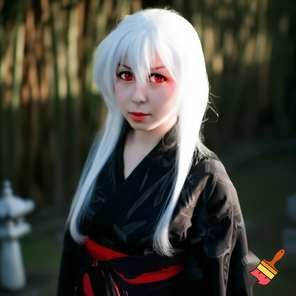 anime girl with white hair and red eyes and cultural japonese clothes black