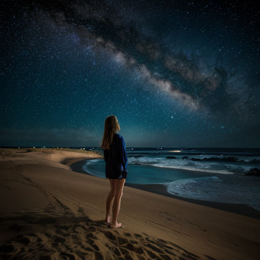 A girl amidst the sand, with the sea before her, gazing at the stars
