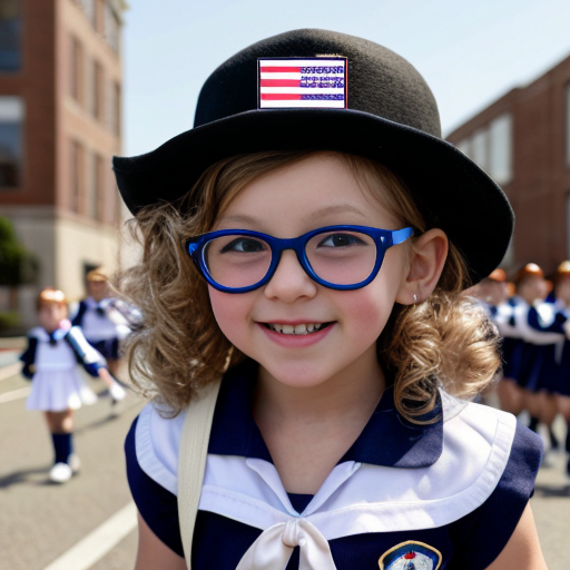 Cute adorable niña Chilindrina glasses con hair lazo curly con verano sailor uniforme escolar con zapatos negros escolar con calcetines blancos con sombrero sailor con grupal con caminar con desfile Estados Unidos América bandera con ciudad 67