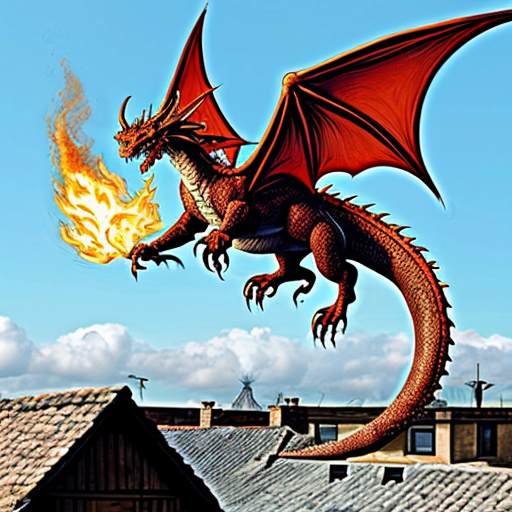 Draw me a mythological dragon flying through the sky above a village, breathing fire on the houses