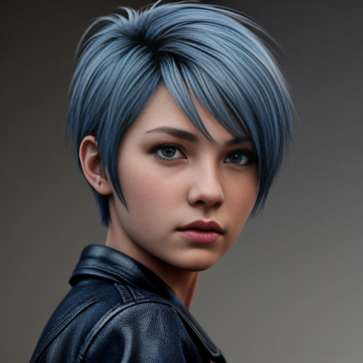 Simple anime. Female. Short blue hair in a short pixie cut. Blue eyes. Head shot.